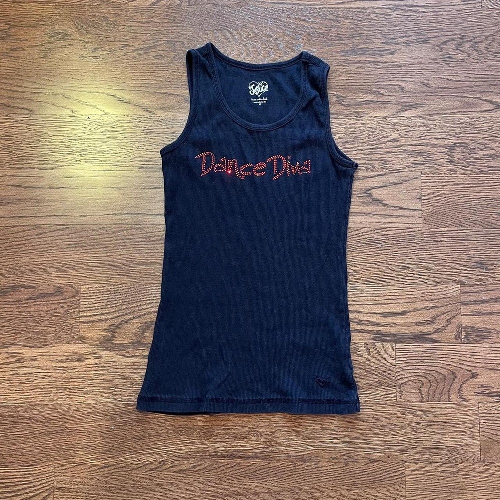 Y2K Black Ribbed Dance Diva Rhinestone Tank Top XS